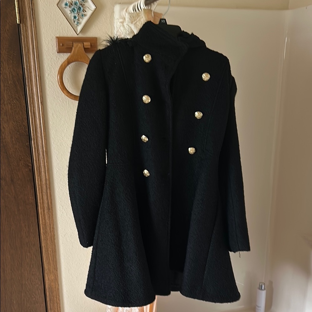NWOT Elegant Black Double-Breasted Women's Coat with synthetic fur hood